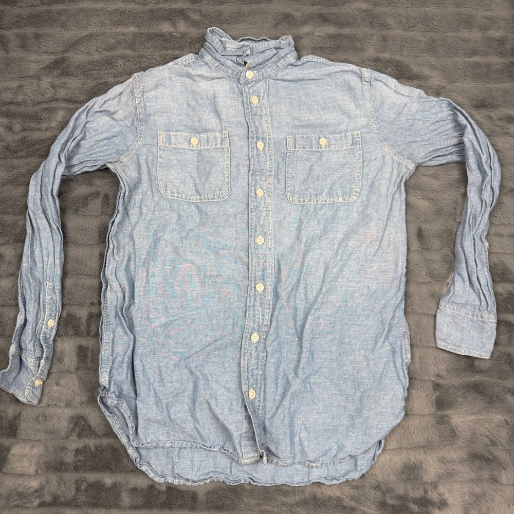 J.Crew Mens Small Blue Cotton Linen Band Collar Button Down Shirt 13836